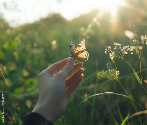 Gentle Touch of Nature: A Butterfly Lands on a Hand in a Sunlit Meadow