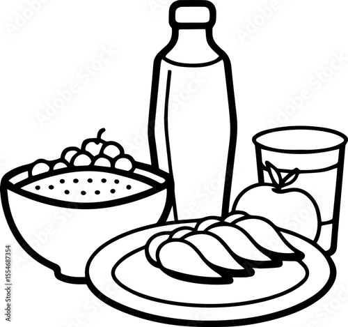 Dinner items black outline vector and illustration, coloring book page