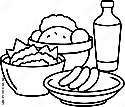 Dinner items black outline vector and illustration, coloring book page