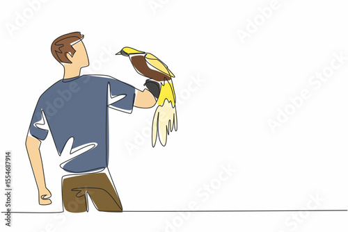 Single continuous line drawing bird of paradise perched on hand of man. Admiring the beauty of its feathers up close. Fascinated. Eye catching. Man Holding Bird. One line design vector illustration