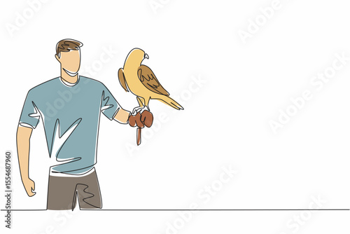 Single one line drawing white and beige falcon bird perched on hand of man. Bird of prey that has excellent flying and hunting abilities. Man Holding Bird. Continuous line design graphic illustration