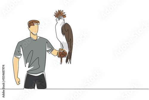 Single continuous line drawing Philippine eagle perched on hand of man. The world largest bird of prey nearly extinct. Endangered species. Claws. Man Holding Bird. One line design vector illustration