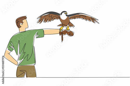 Single one line drawing peregrine falcon perched on hand of man. Predator with yellow beak and short tail. Eating other bird. Strong claw. Man Holding Bird. Continuous line design graphic illustration