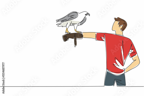 Single continuous line drawing sea ​​eagle perched on hand of man. The most powerful bird of prey in the world. The carnivorous animal. Claws. Man Holding Bird. One line design vector illustration