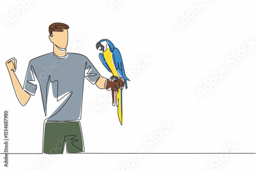 Single continuous line drawing blue gold macaw parrot perched on hand of man. Animals with beautiful, striking colors. Have the ability to speak. Man Holding Bird. One line design vector illustration