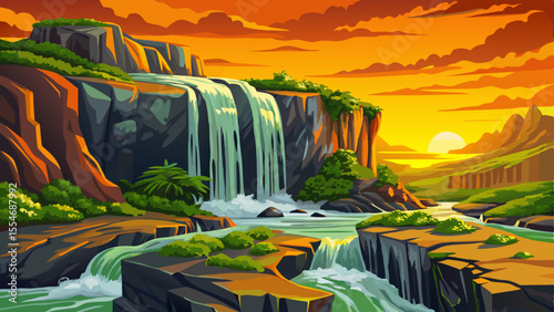 moss-covered rocks with a waterfall and vibrant greenery, Highly detailed vector illustration