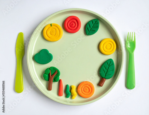 Top-down view of a play dough meal on a light green plate with a green fork and knife. The play food items are leaves, fruit and vegetables.