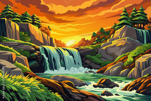 moss-covered rocks with a waterfall and vibrant greenery, Highly detailed vector illustration