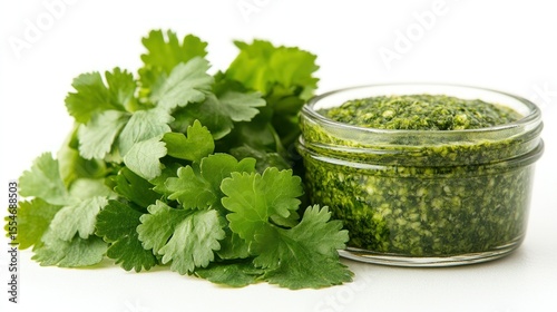 Fresh cilantro and pesto in jar