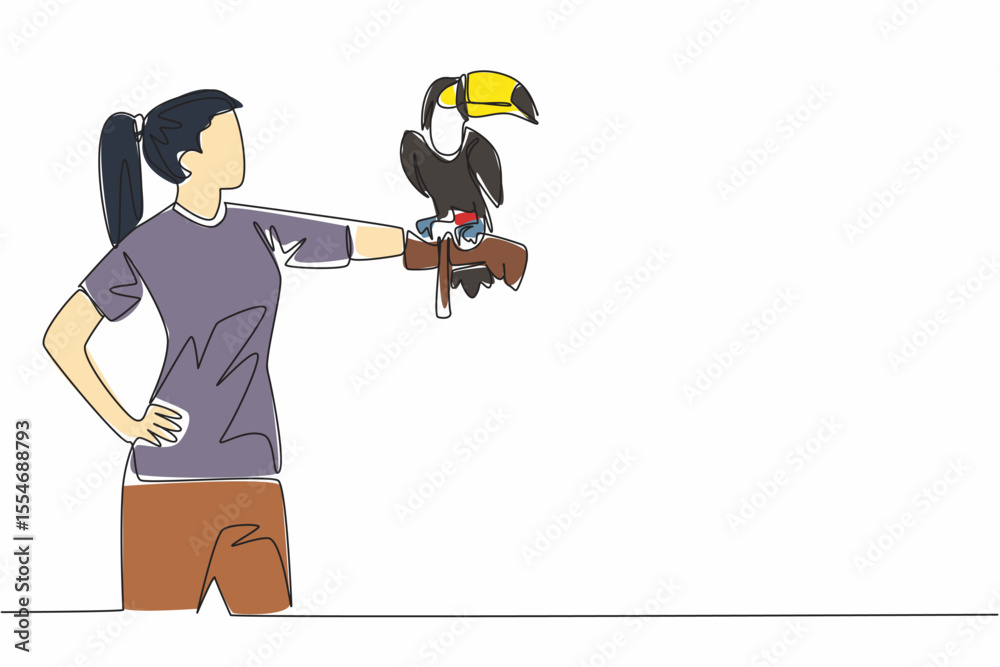 Fototapeta premium Continuous one line drawing toucan bird perched on hand of woman. Large billed tropical birds live in tropical forests. Eating insects. Woman Holding Bird. Single line draw design vector illustration