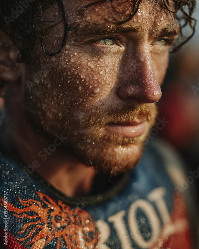 Portrait of a dragon boat paddler at the Starbuck Festival, wet paddle resting on shoulder, focused expression, race jersey with lake in background, droplets catching the sunlight.
