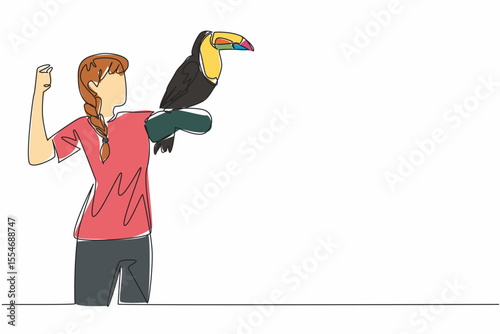 Single one line drawing keel billed toucan perched on hand of woman. Very social bird and lives in small groups. Population decreasing. Woman Holding Bird. Continuous line design graphic illustration