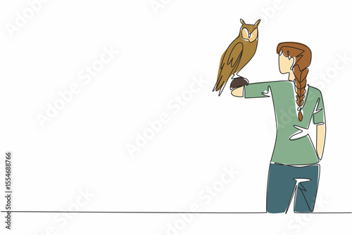 Continuous one line drawing long eared owl perched on hand of woman. Animals that really like shrubs. Has long ears. Stable population. Woman Holding Bird. Single line draw design vector illustration
