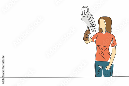 Continuous one line drawing snowy owl perched on hand of woman. The males of species almost entirely white, while females are not so. Woman Holding Bird. Single line draw design vector illustration