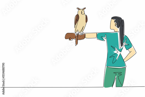 Single continuous line drawing the great horned owl perched on hand of woman. It has large and striking ear tufts. King of all owls. The owl. Woman Holding Bird. One line design vector illustration