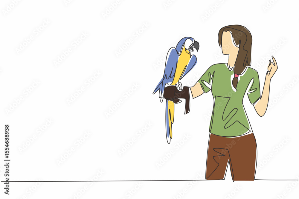 Single one line drawing blue gold macaw parrot perched on hand of woman. Large parrot with long tail feathers. Grain eaters. Pets. Woman Holding Bird. Continuous line design graphic illustration