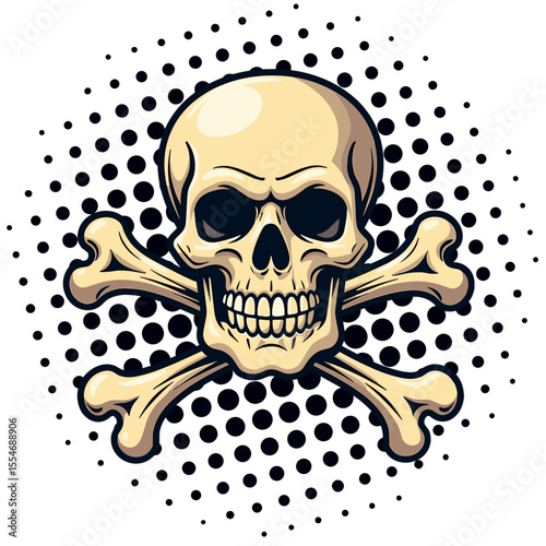 Skull with Crossbones in Pop Art Style, Pirate Horror Icon Classic Warning