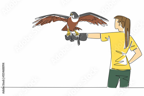Single one line drawing peregrine falcon perched on hand of woman. The fastest animal in the world while chasing its prey. Strong claws. Woman Holding Bird. Continuous line design graphic illustration