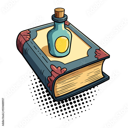 Potion bottle on spellbook – witchcraft tools, magic literature illustration