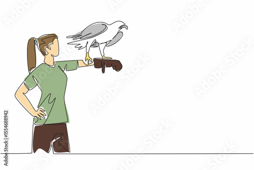 Continuous one line drawing sea ​​eagle perched on hand of woman. Fish hunters, coastal predators and marine raptors. The strong claws. Woman Holding Bird. Single line draw design vector illustration