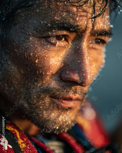 Portrait of a dragon boat paddler at the Starbuck Festival, wet paddle resting on shoulder, focused expression, race jersey with lake in background, droplets catching the sunlight.