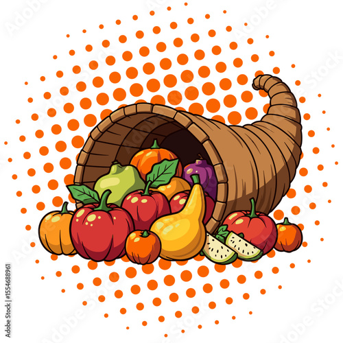 Cornucopia with Fruits and Vegetables Pop Art, Autumn Harvest Symbolism