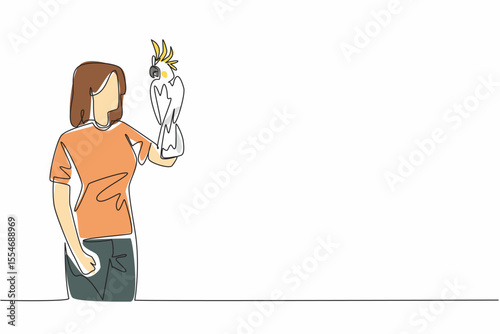 Continuous one line drawing cockatoo bird perched on hand of woman. The most famous and popular parrot because it has a crest. Pets. Woman Holding Bird. Single line draw design vector illustration