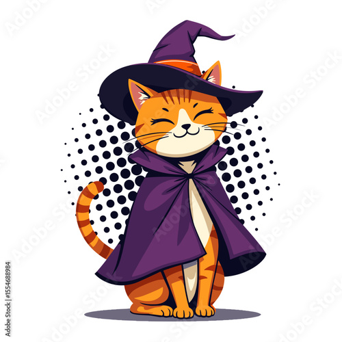 Halloween cat in witch costume, pop art style, minimalist pet illustration