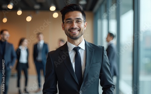 portrait of a handsome smiling asian indian businessman boss in a suit standing in his modern business company office. his workers standing in the blurry background. Generative AI. High quality