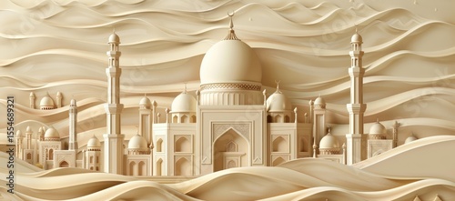 paper art of the mosque in desert, beautiful beige color