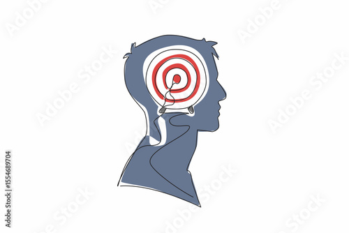 Single continuous line drawing head of a man with arrow target board in the middle of head. Focus on achieving success. Improve strategy. Inside the Head of Man. One line design vector illustration