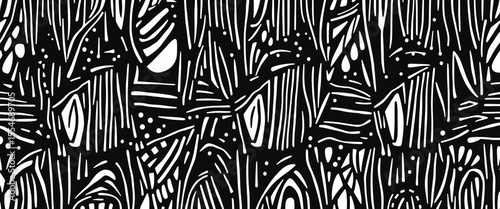 Abstract seamless black and white geometric doodle line pattern, retro texture, illusion, line art