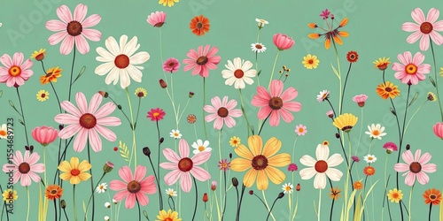 Abstract seamless pattern of charming hand-drawn meadow flowers; stylish, natural background,  wildflowers,  vector