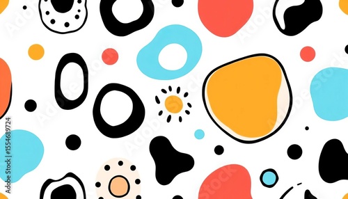 Abstract seamless pattern of black and white cartoon shapes on white background,  cartoon,  modern