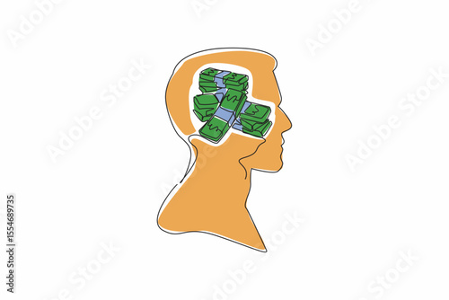 Continuous one line drawing the head of a man with pile of banknotes in the middle of his head. Estimated profit this week. Profit. Inside the Head of Man. Single line draw design vector illustration