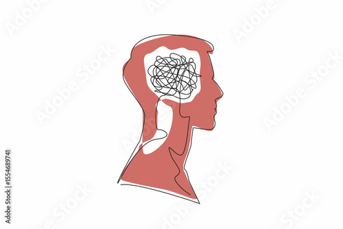 Continuous one line drawing the head of a man with a tangled wire in the middle of his head. Too many problems. Involute. Complex. Inside the Head of Man. Single line draw design vector illustration
