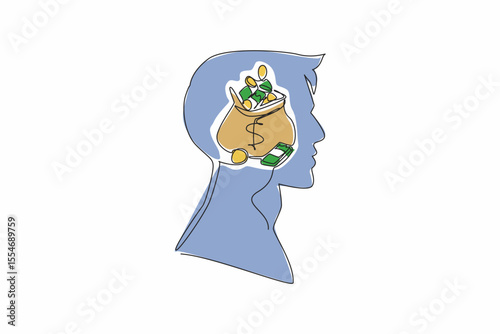 Single one line drawing head of man with an open money bag in the middle of his head. The best place to save money is to invest it. Inside the Head of Man. Continuous line design graphic illustration