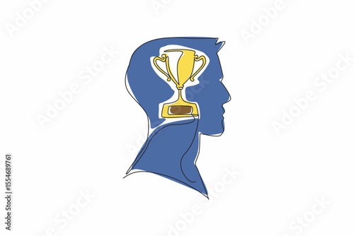 Single continuous line drawing head of a man with a trophy in the middle of his head. Always think about being a champion. The ambitious. Inside the Head of Man. One line design vector illustration