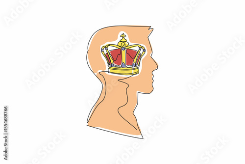 Single continuous line drawing the head of a man with a royal crown in the middle of his head. Preparing the next generation of the kingdom. Inside the Head of Man. One line design vector illustration