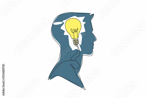 Single continuous line drawing the head of a man has a lightbulb in the middle of his head. A brilliant idea that comes suddenly. Creative. Inside the Head of Man. One line design vector illustration