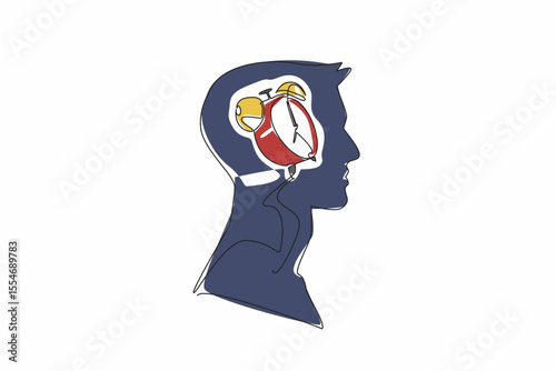Continuous one line drawing the head of a man has an alarm clock in the middle of his head. Thinking about the many work deadlines. Inside the Head of Man. Single line draw design vector illustration