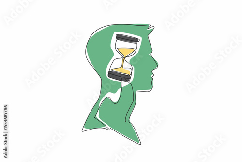 Single continuous line drawing the head of a young man with an hourglass in the middle of his head. Counting down to resign from work. Inside the Head of Man. One line design vector illustration