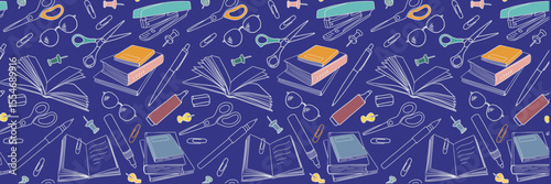 Seamless stationery pattern with open and closed books, pens, pencils and glasses. Vector outline background drawn with doodle elements. For back to school theme, library, wrapping paper, wallpaper.