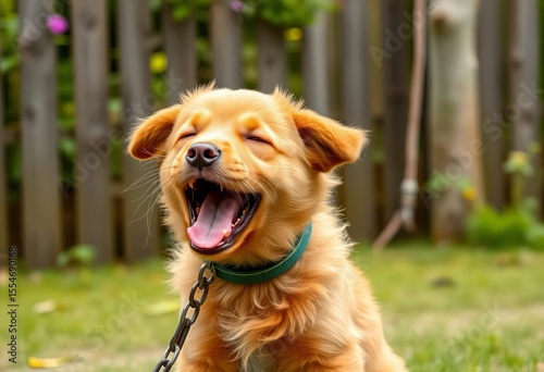 Adorable brown puppy barks playfully, unchained in fenced yard,  animal,  pet dog