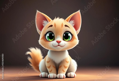 Adorable cartoon cat with big eyes and fluffy tail, sitting,  black,  isolated