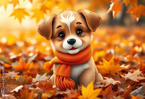 Adorable cartoon puppy wearing orange scarf amidst autumn leaves, image, pet