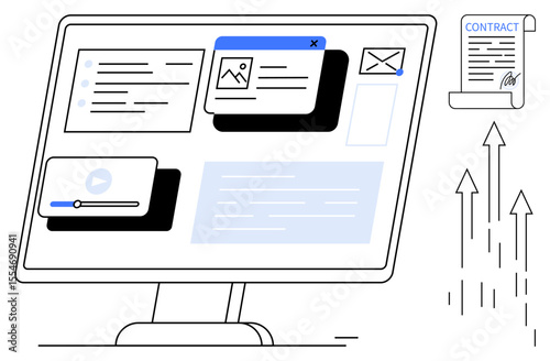 Computer monitor displaying media files, email, and text boxes alongside a signed contract with rising arrows. Ideal for teamwork, project management, online business, organization, digital tools
