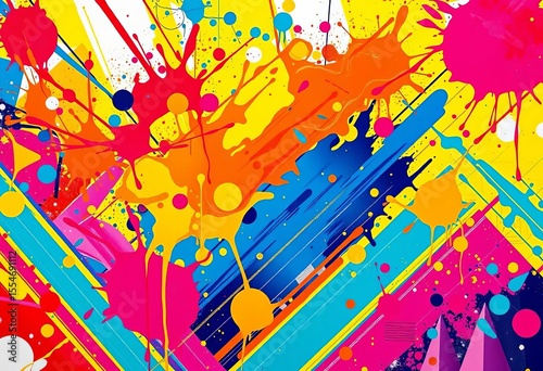 Vibrant abstract pop art paint splashes, geometric Memphis style , poster, retro