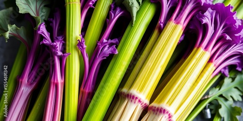 Vibrant green and purple stylized celery stalks, modern art , produce, natural