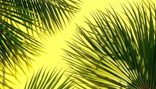 Vibrant green palm leaves cast shadows on a bright, colorful backdrop Sunlit minimal summer flatlay,  texture,   aesthetic